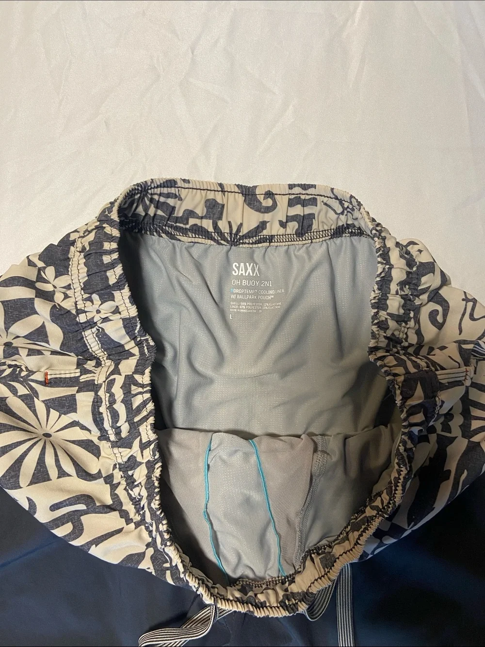 Saxx Men's Navy Swim Trunks with Cream Patterned Waistband